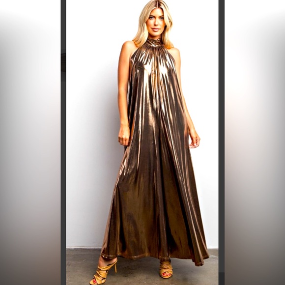 New Dazzling Fabulous Metallic Pleated Wide Leg Jumpsuit - Picture 5 of 5